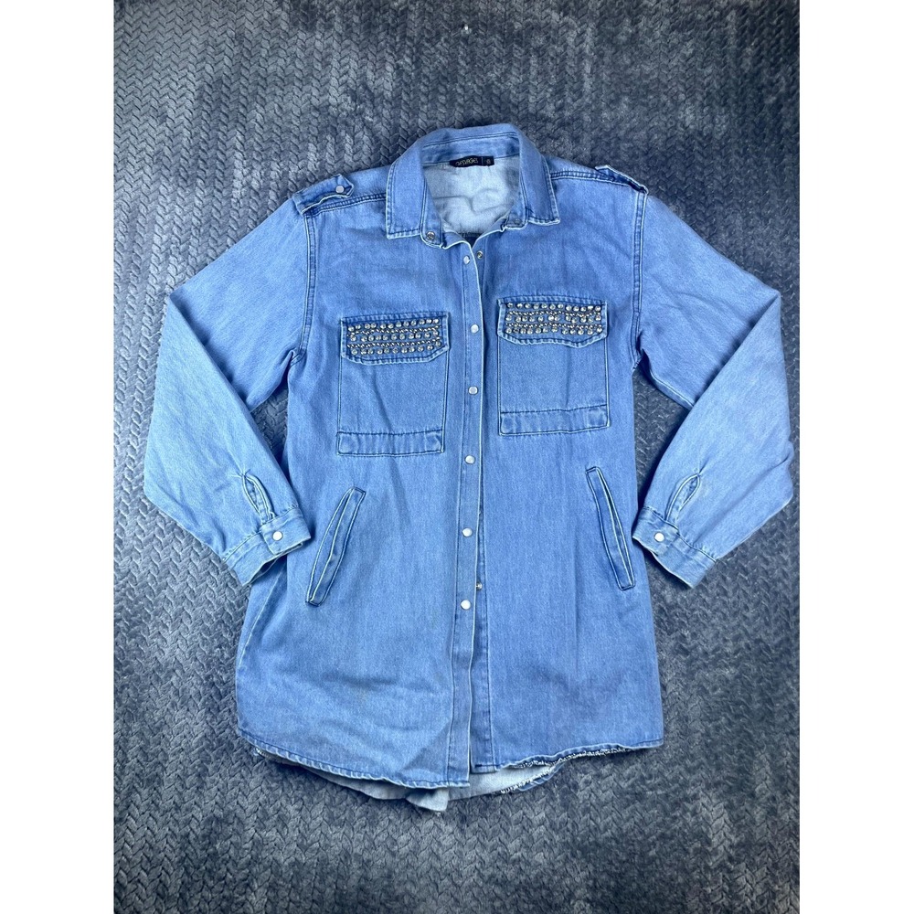 Gesvages Denim Shirt Womens 6/36 Blue Embellished Pockets Long Sleeve Pearl Snap